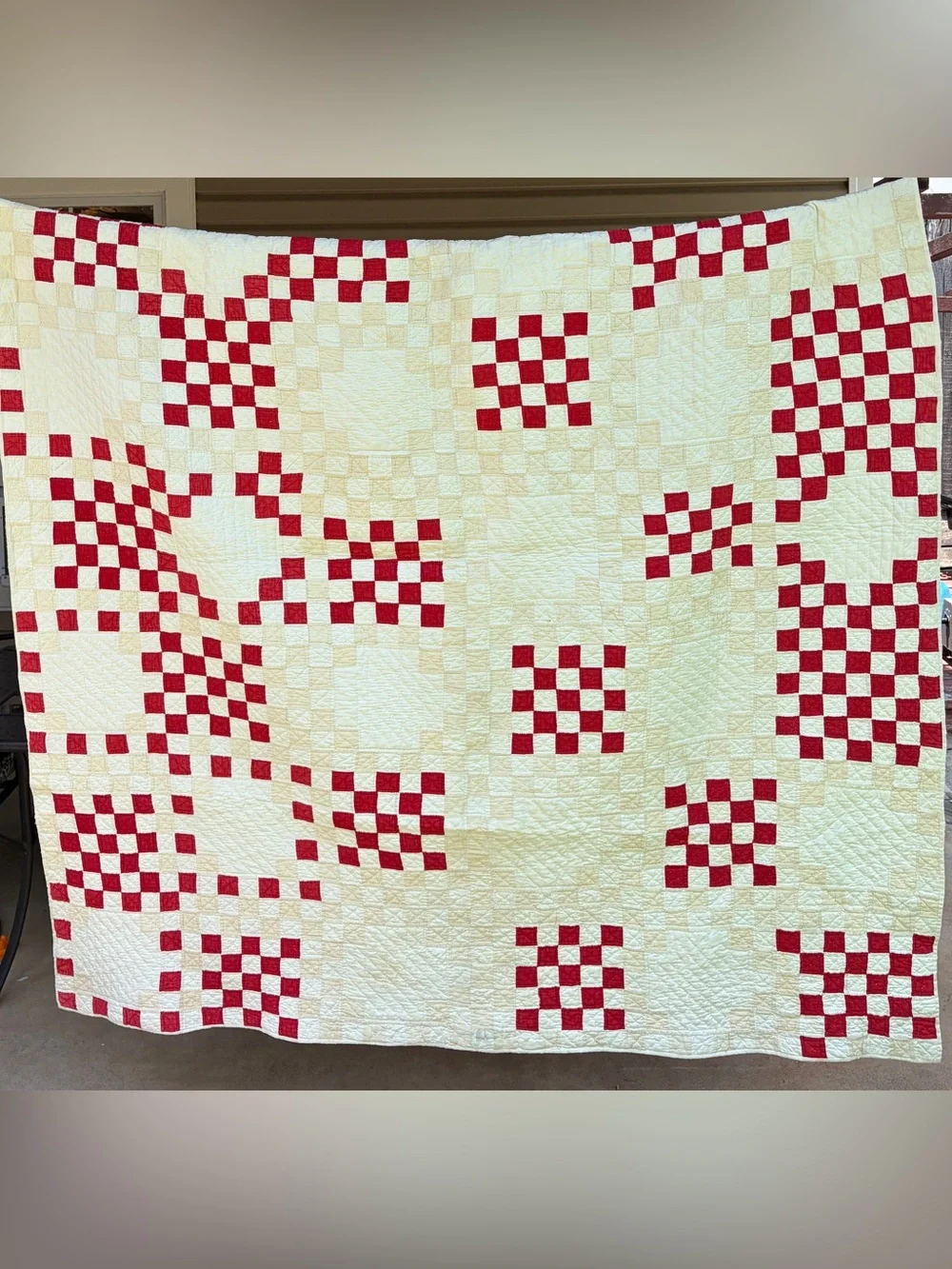 Vintage 1930-1940s Red & White Patchwork Checkered Feed Sack Quilt 65x74